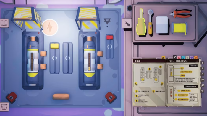 Imagem de um ambiente interno de uma nave cheio de botões, mostrando a diversidade de itens de interação do jogador.