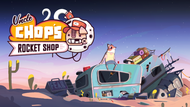 O logotipo da Uncle Chop's Rocket Shop, apresentando um design dinâmico e colorido que captura a essência do jogo.