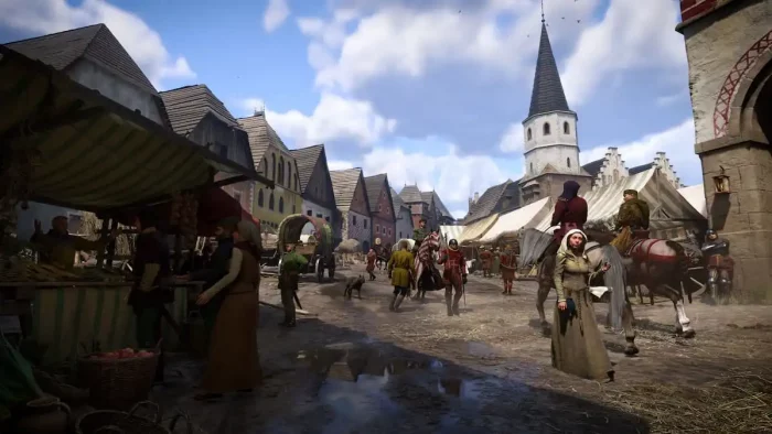 A cidade de Kuttenberg em Kingdom Come Deliverance 2. No plano principal, uma rua com várias pessoas transitando, com barracas de comércio no entorno. Ao fundo, o topo de uma igreja, sob o céu azul com nuvens brancas.