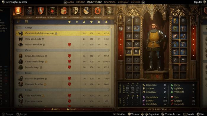 A imagem mostra o menu de itens que podem ser equipados em Kingdom Come Deliverance 2