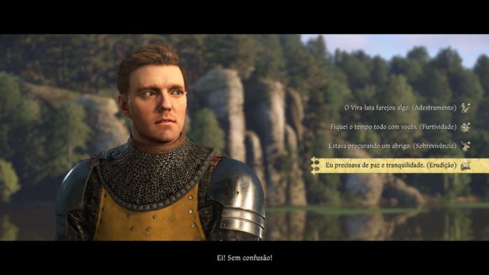 Henry de Sktalitz aparece usando uma armadura com peitoral amarelo. Ao fundo rochas da floresta e ao lado dele, opçoes de resposta são mostradas.