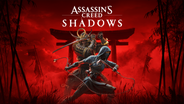 Arte de Capa de Assassin's Creed Shadows mostra a dupla de protagonistas em posição de batalha, com um fundo vermelho.
