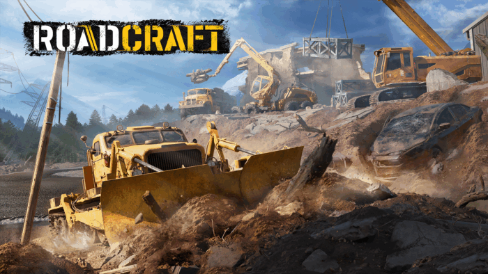 Arte de divulgação de RoadCraft mostra um trator amarelo empurrando destroços com o nome do jogo na parte de cima.
