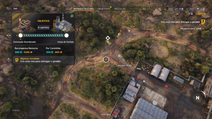 A imagem mostra o planejamento de uma rota de entrega de material em RoadCraft, por meio de uma visão aérea do mapa. 