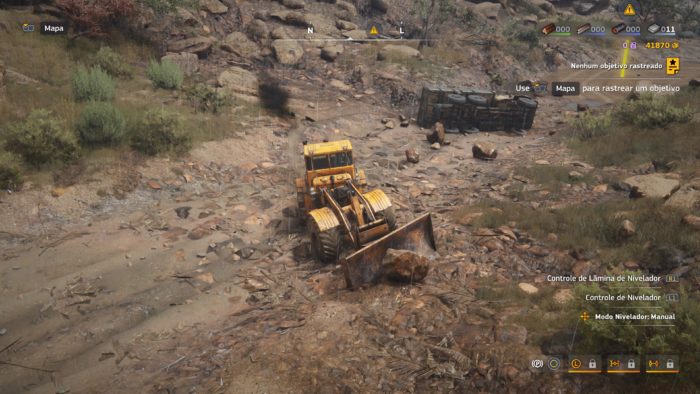 A imagem mostra um trator retirando pedras grandes do caminho, em RoadCraft.